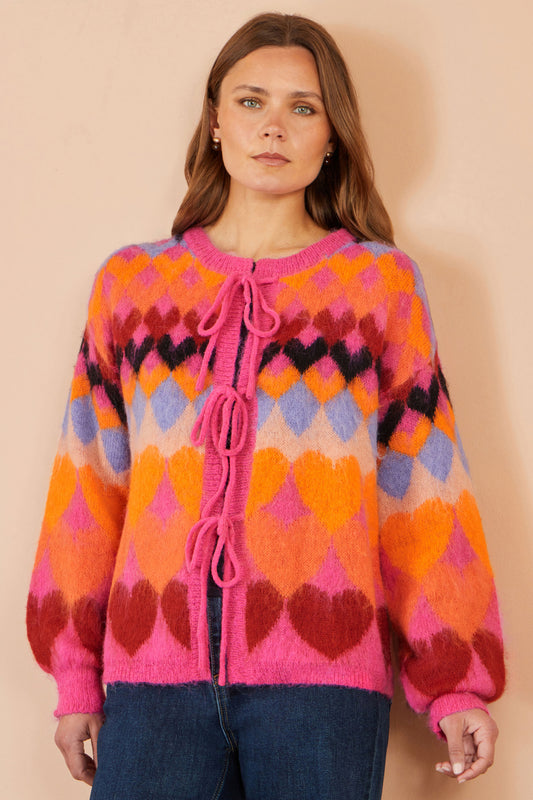 Yumi Pink Tie Front Heart Intarsia Cardigan Knit Cardigan Yumi