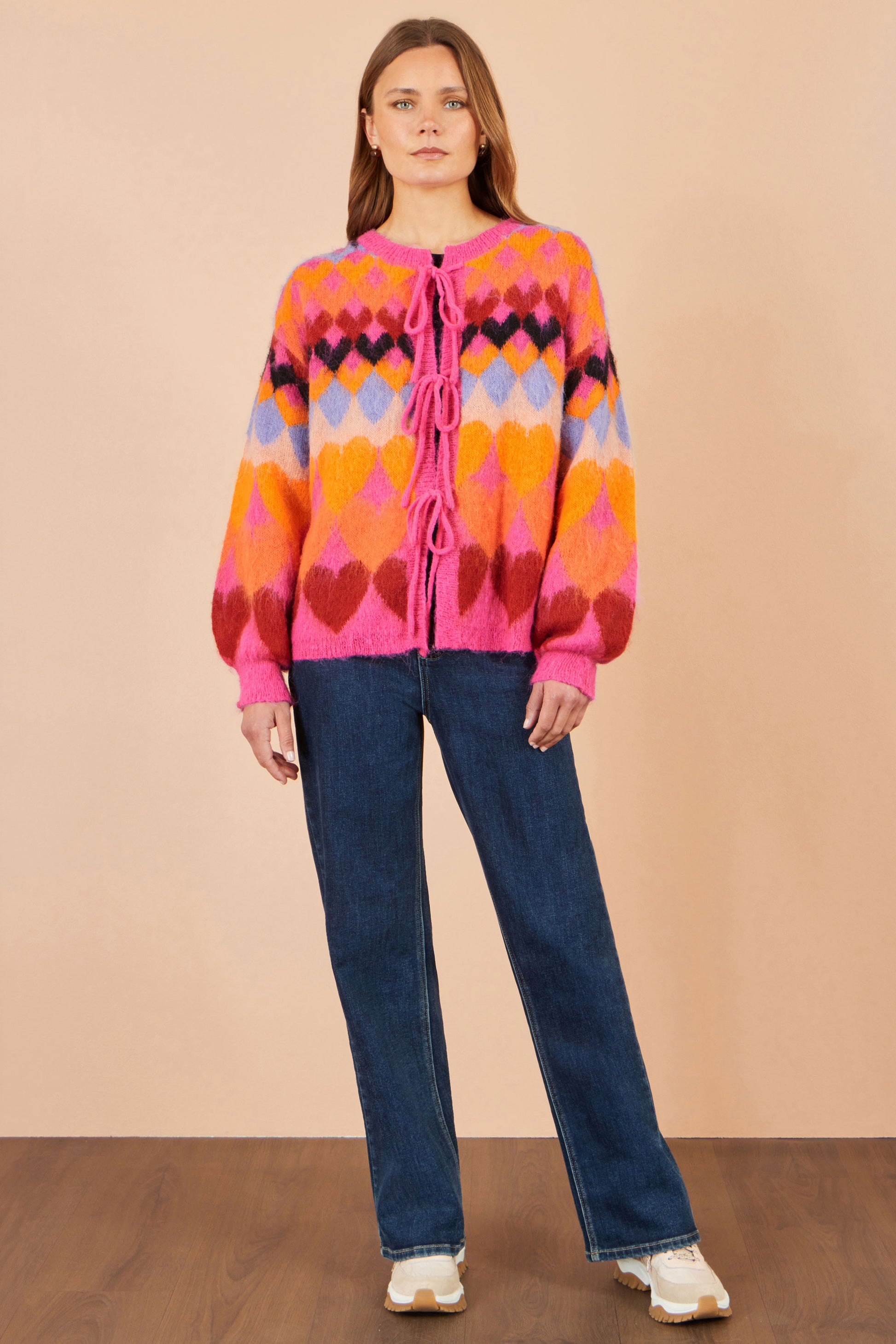 Yumi Pink Tie Front Heart Intarsia Cardigan Knit Cardigan Yumi