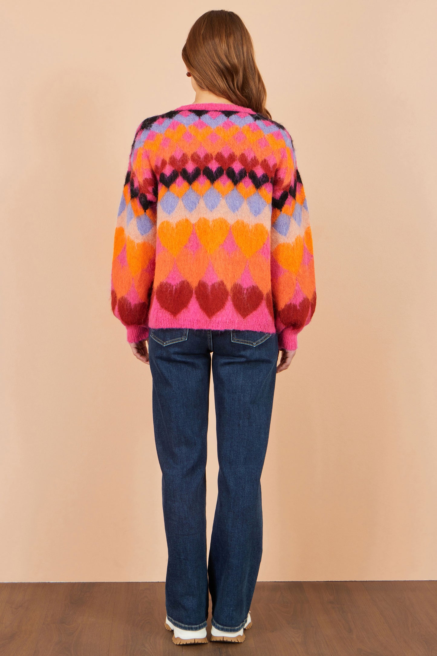 Yumi Pink Tie Front Heart Intarsia Cardigan Knit Cardigan Yumi
