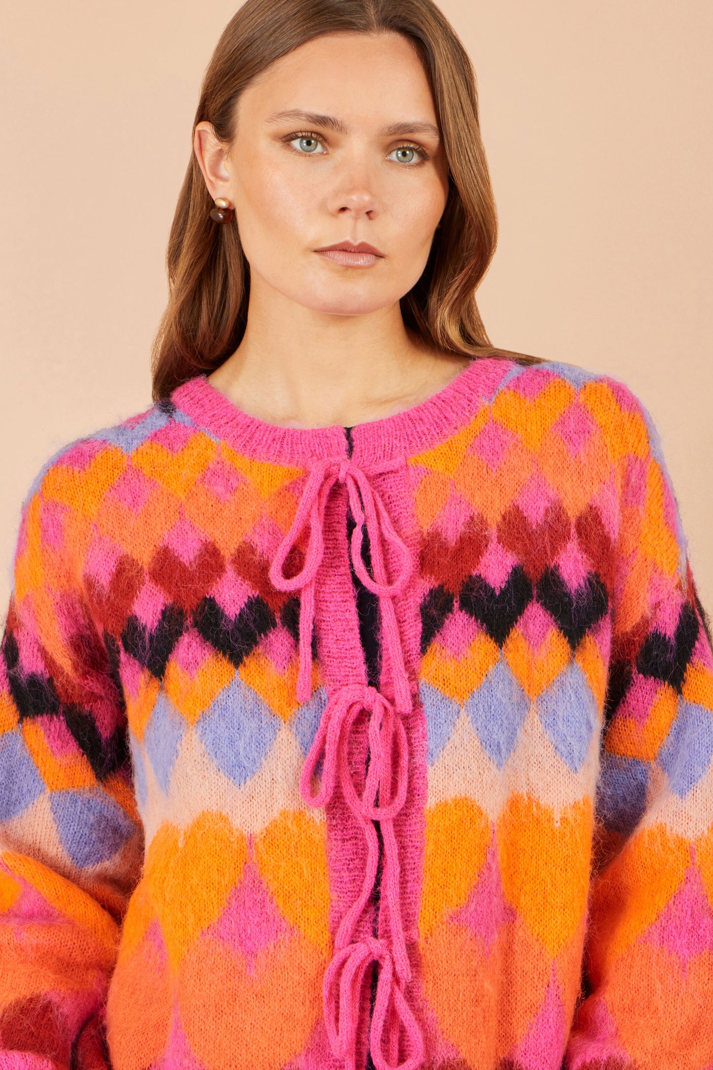 Yumi Pink Tie Front Heart Intarsia Cardigan Knit Cardigan Yumi