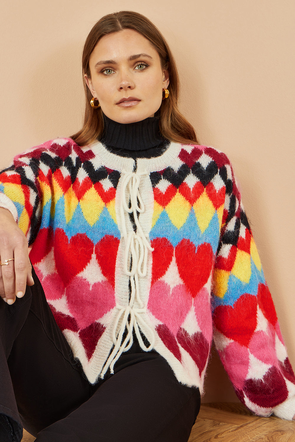 Yumi Multicolour Tie Front Heart Intarsia Cardigan | Yumi