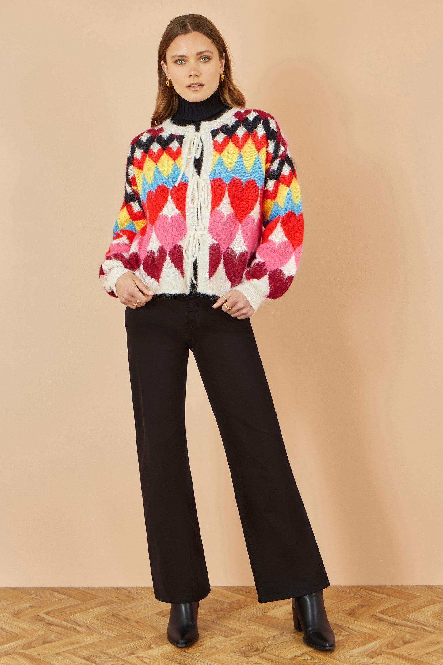 Yumi Multicolour Tie Front Heart Intarsia Cardigan Knit Cardigan Yumi