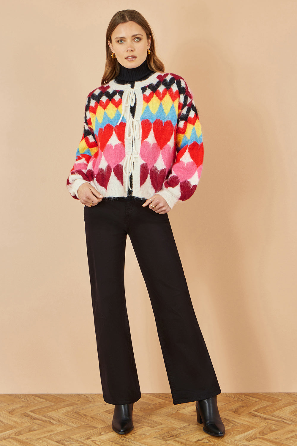 Yumi Multicolour Tie Front Heart Intarsia Cardigan Knit Cardigan Yumi