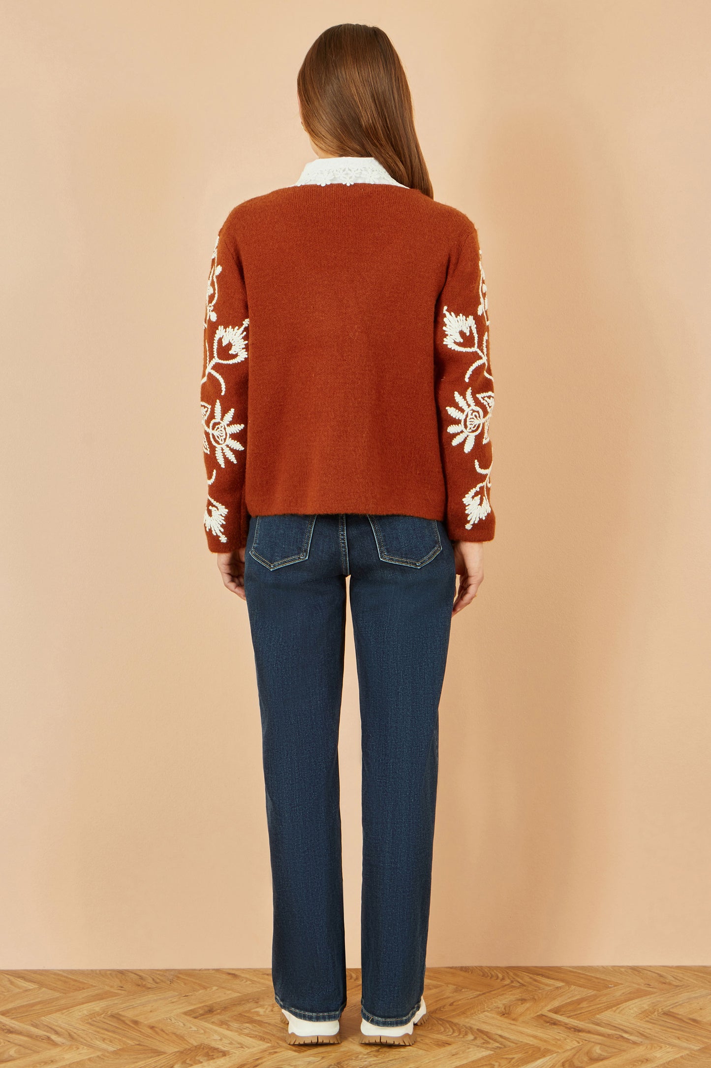 Yumi Brown Folk Embroidered Tie Front Cardigan Knit Cardigan Yumi