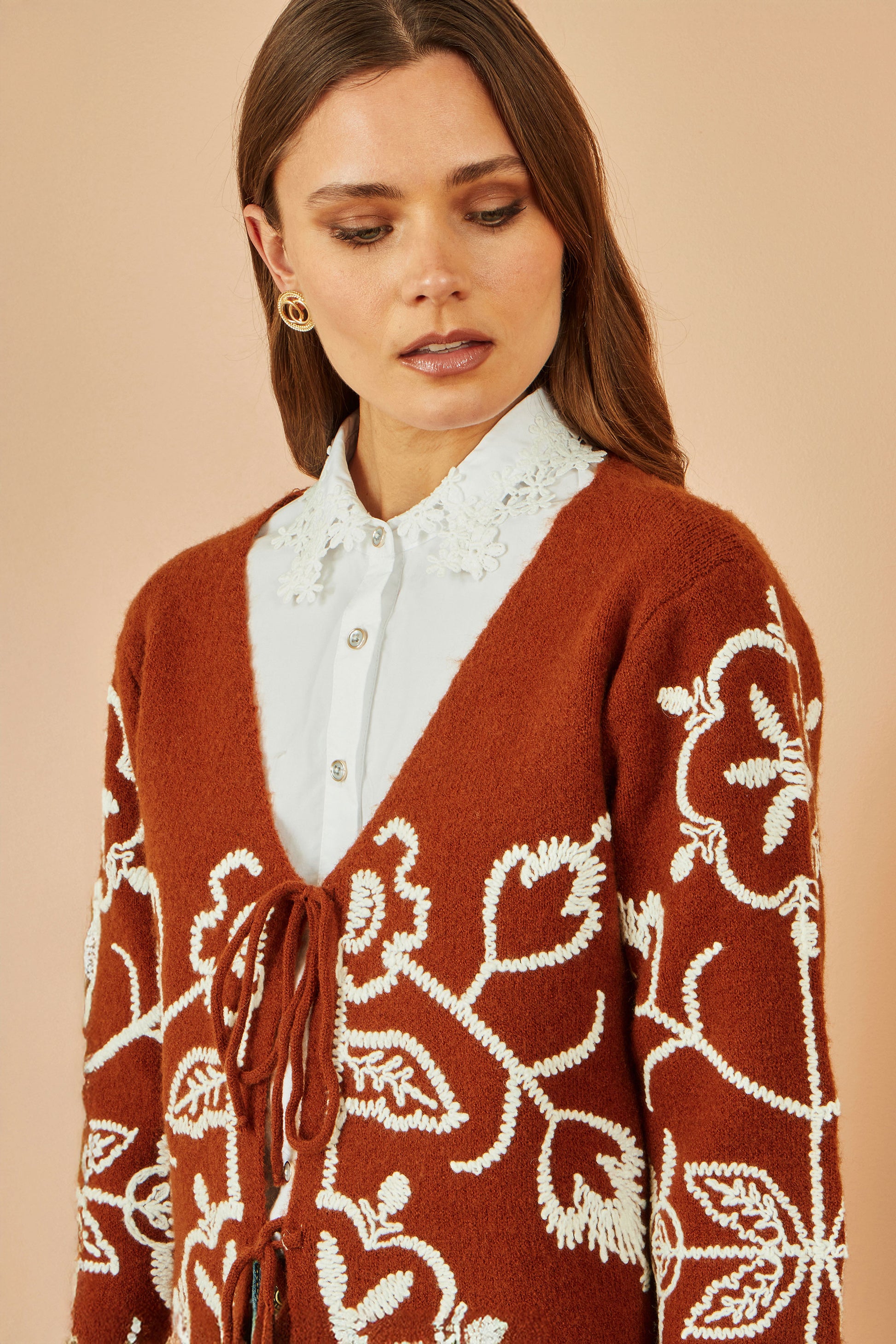 Yumi Brown Folk Embroidered Tie Front Cardigan Knit Cardigan Yumi