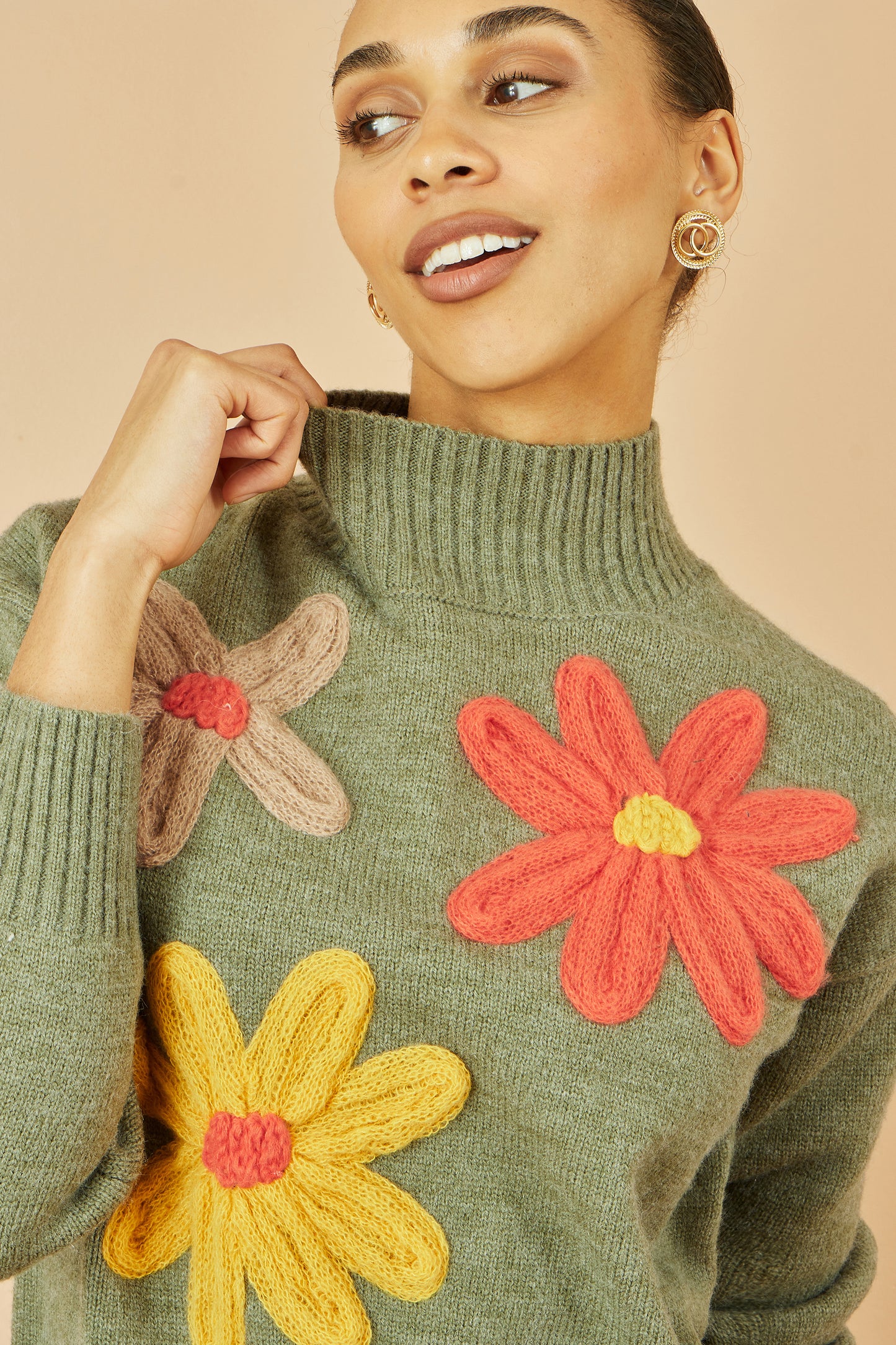 Yumi Green Knitted High Neck Jumper With Applique Flowers Knit Jumper Yumi