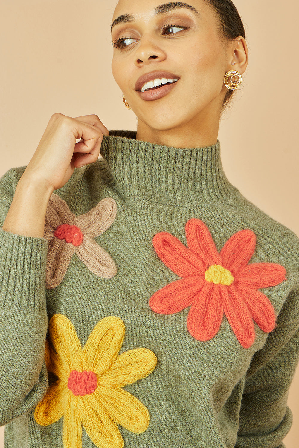 Yumi Green Knitted High Neck Jumper With Applique Flowers | Yumi