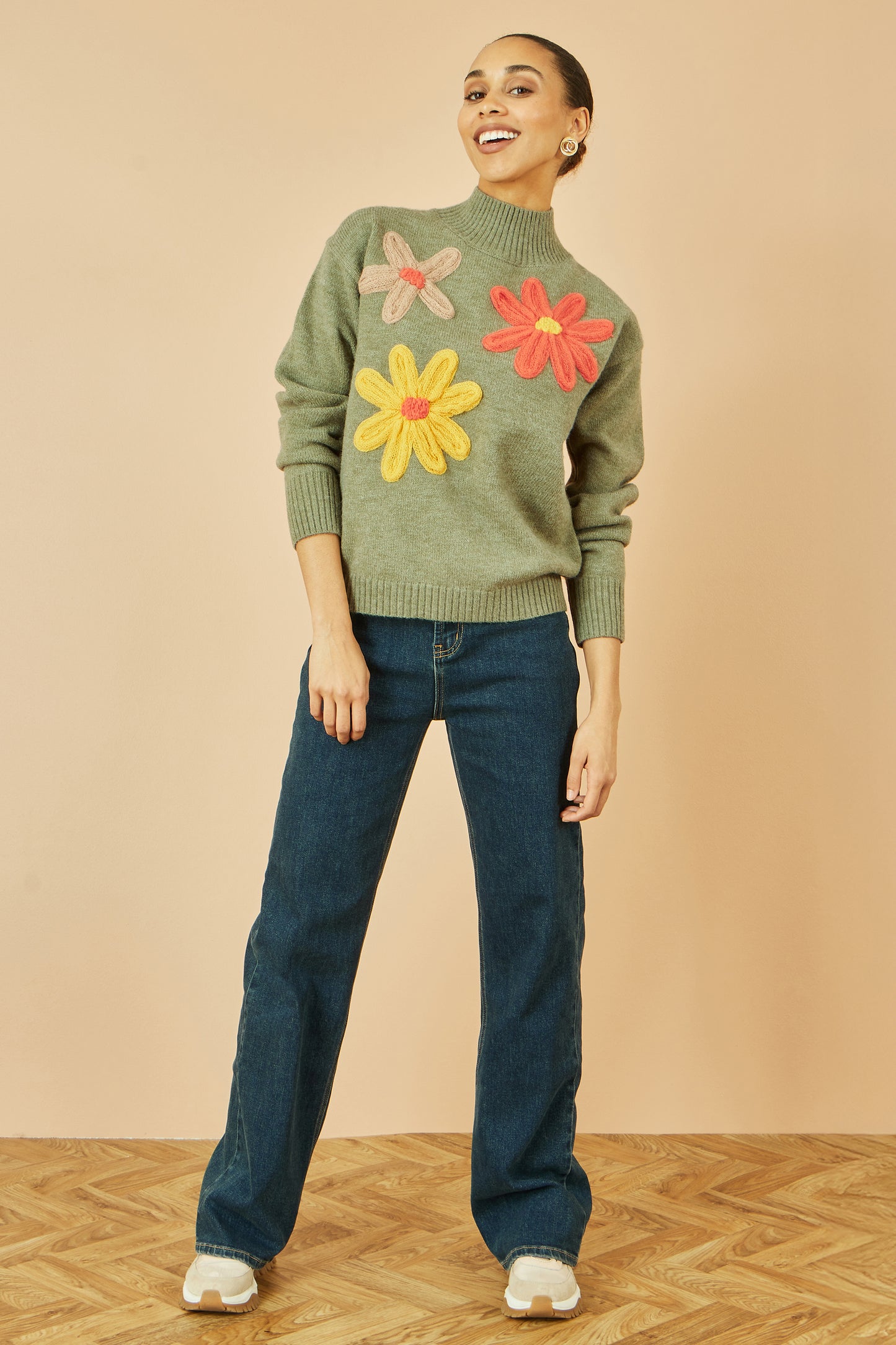 Yumi Green Knitted High Neck Jumper With Applique Flowers Knit Jumper Yumi