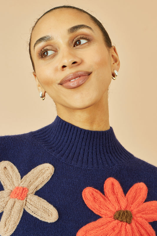 Yumi Navy Knitted High Neck Jumper With Applique Flowers Knit Jumper Yumi