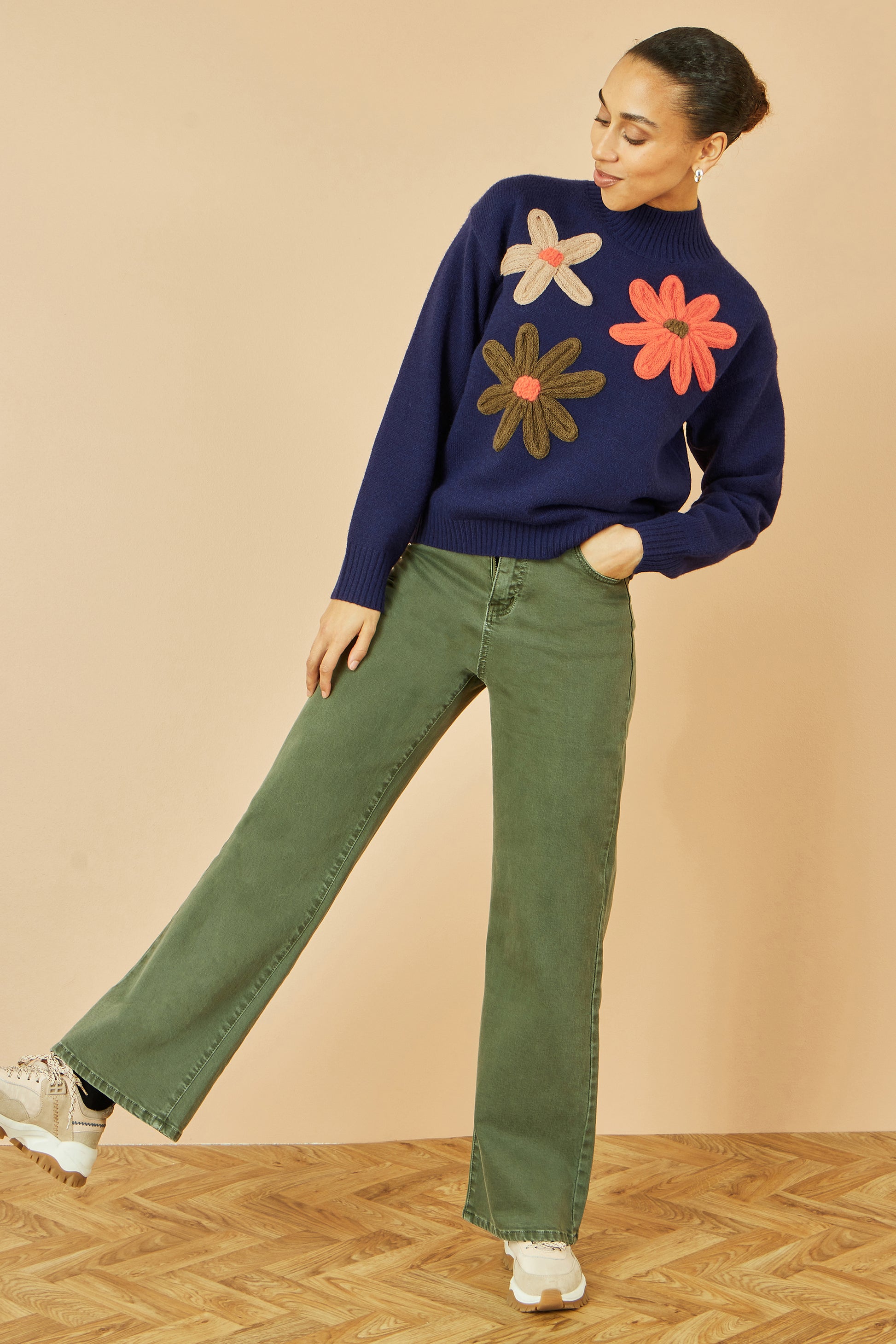 Yumi Navy Knitted High Neck Jumper With Applique Flowers Knit Jumper Yumi