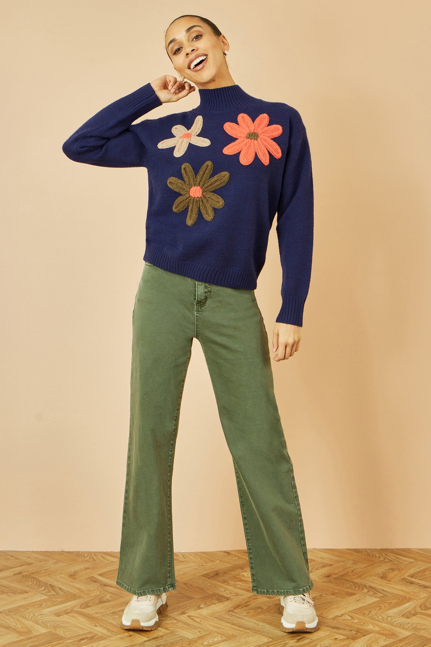 Yumi Navy Knitted High Neck Jumper With Applique Flowers Knit Jumper Yumi