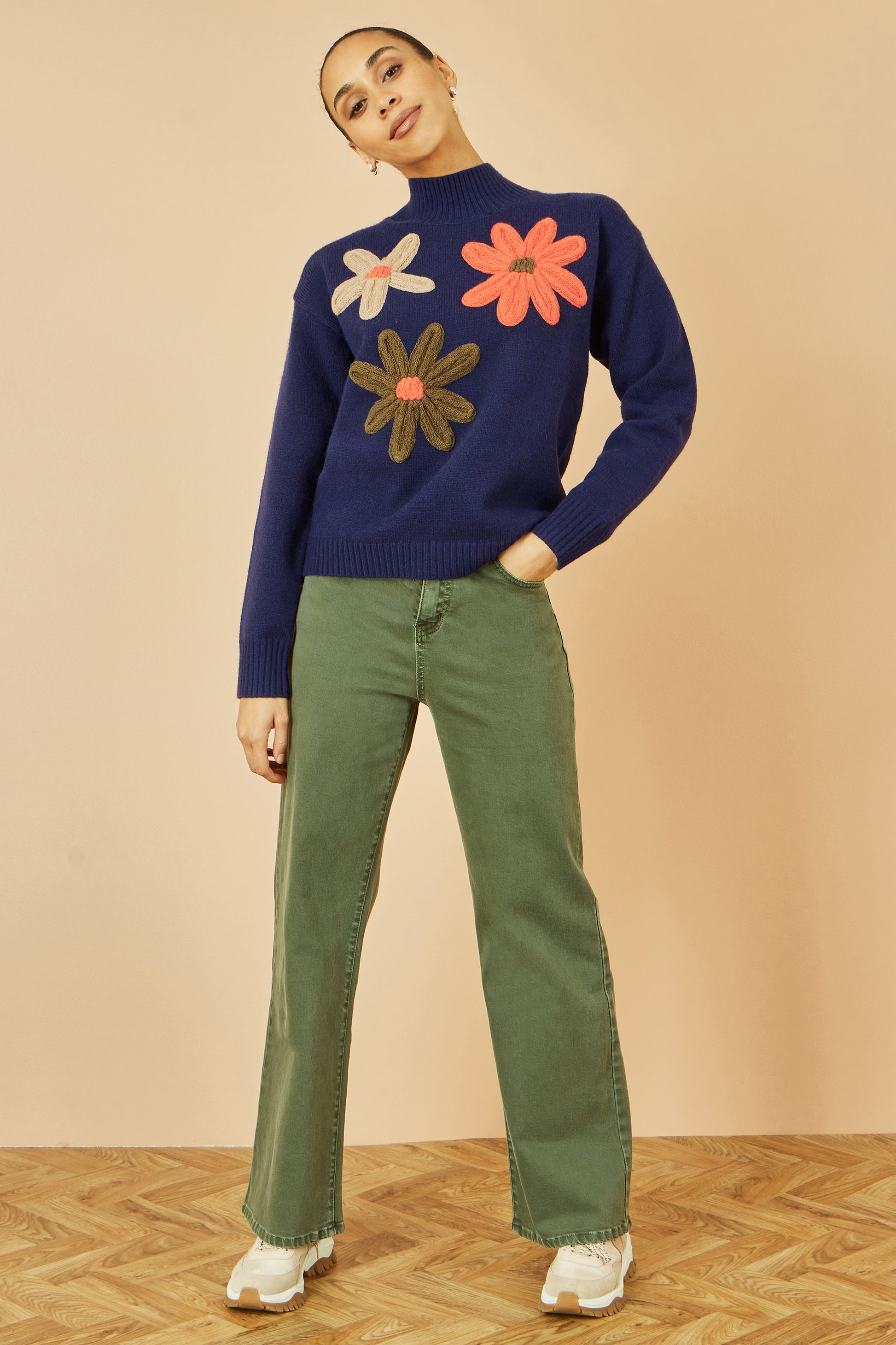 Yumi Navy Knitted High Neck Jumper With Applique Flowers Knit Jumper Yumi