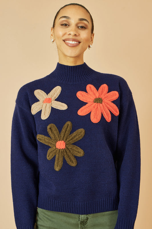 Yumi Navy Knitted High Neck Jumper With Applique Flowers Knit Jumper Yumi