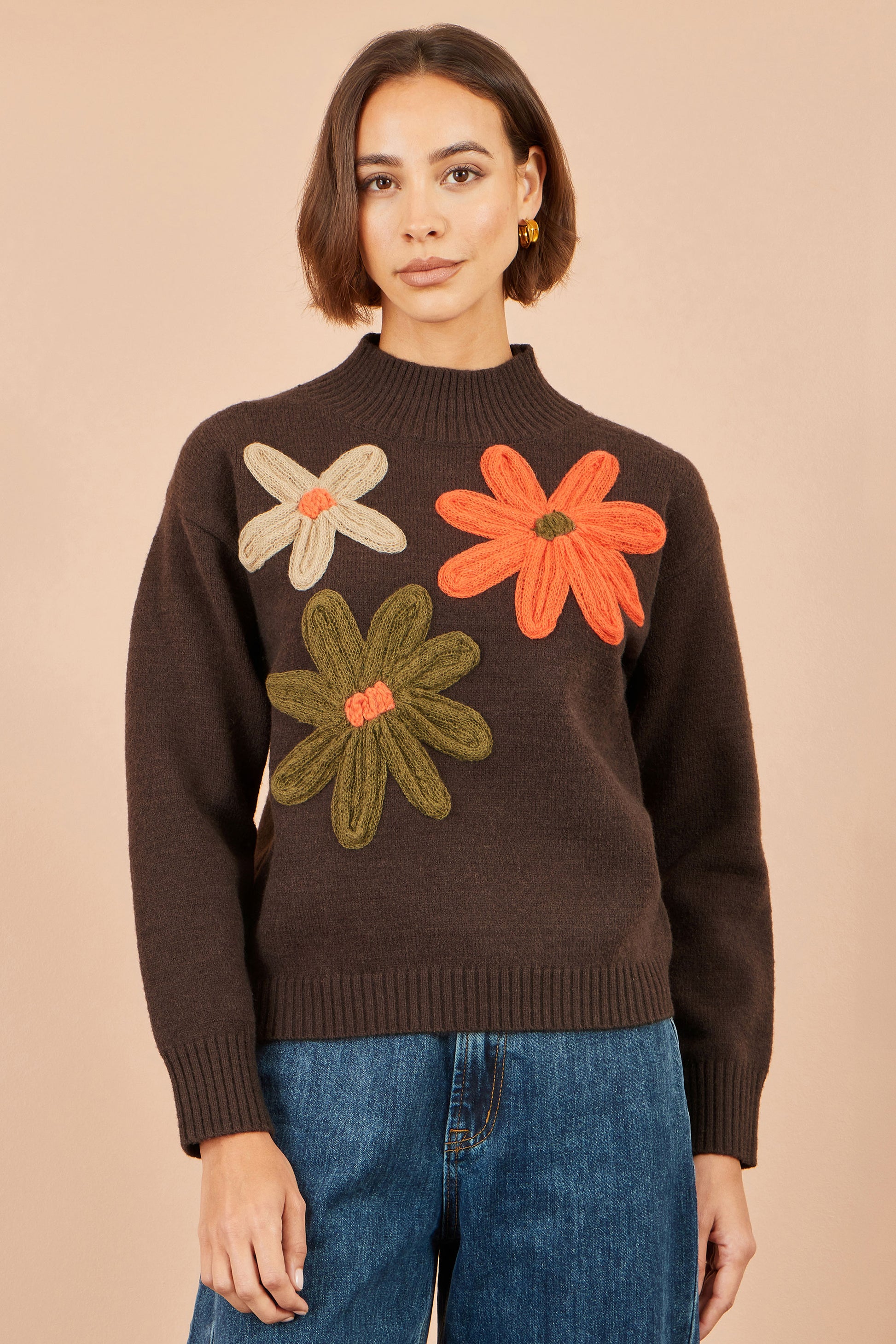Yumi Brown Knitted High Neck Jumper With Applique Flowers Knit Jumper Yumi