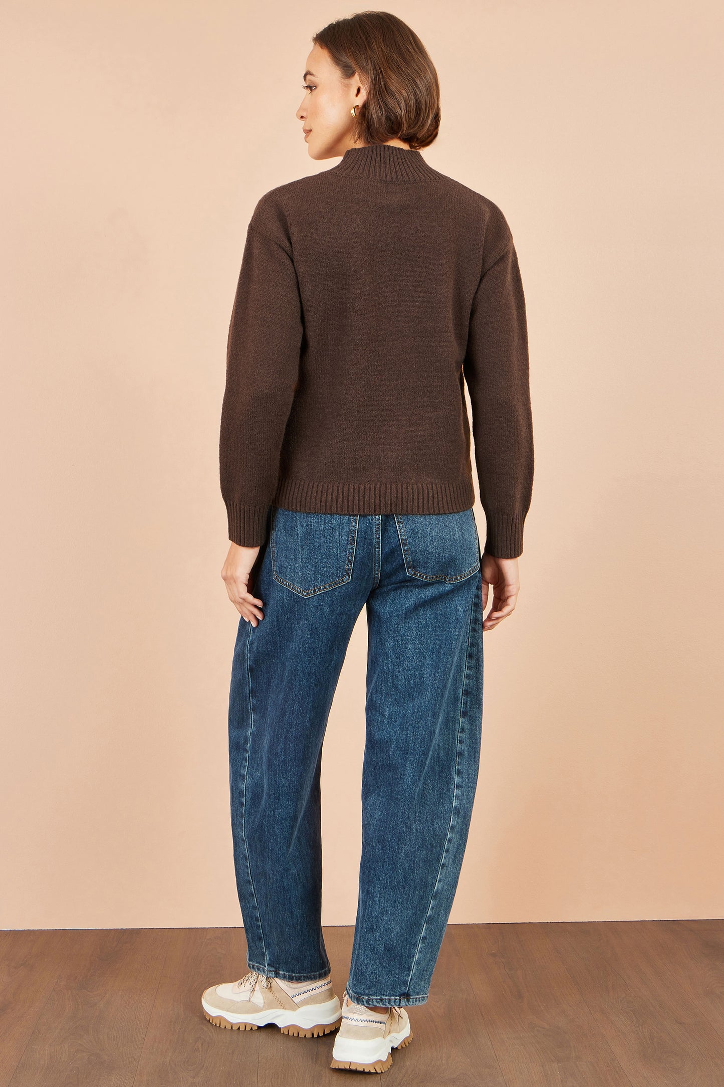 Yumi Brown Knitted High Neck Jumper With Applique Flowers Knit Jumper Yumi