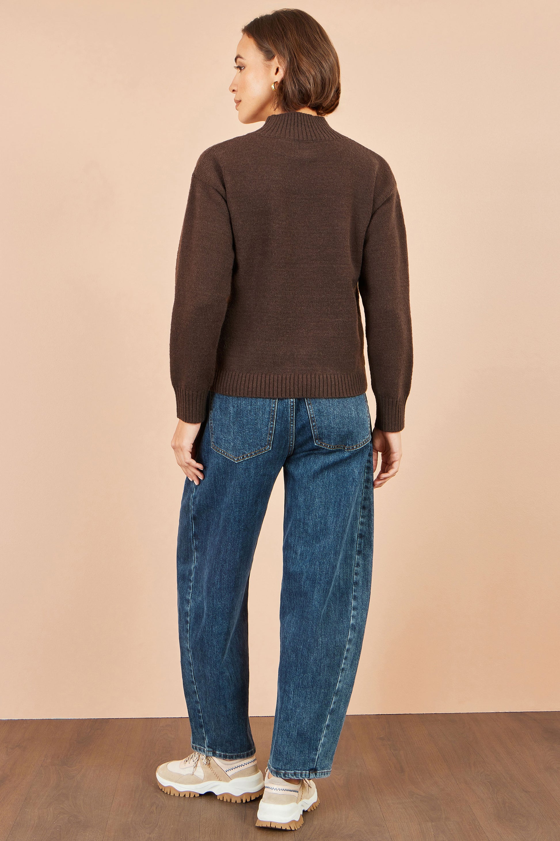 Yumi Brown Knitted High Neck Jumper With Applique Flowers Knit Jumper Yumi