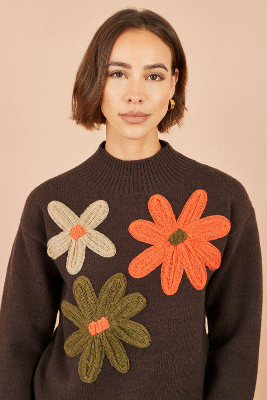 Yumi Brown Knitted High Neck Jumper With Applique Flowers Knit Jumper Yumi
