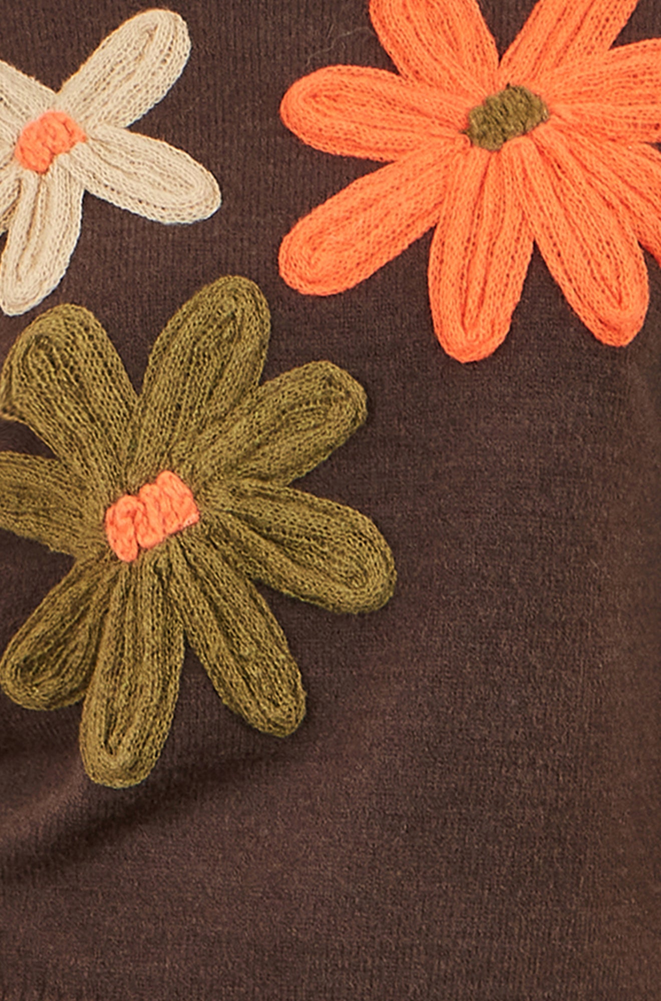 Yumi Brown Knitted High Neck Jumper With Applique Flowers Knit Jumper Yumi