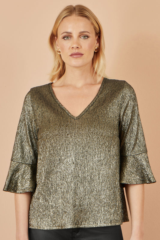Yumi Gold Stretch Top With Fluted Sleeves Top Yumi