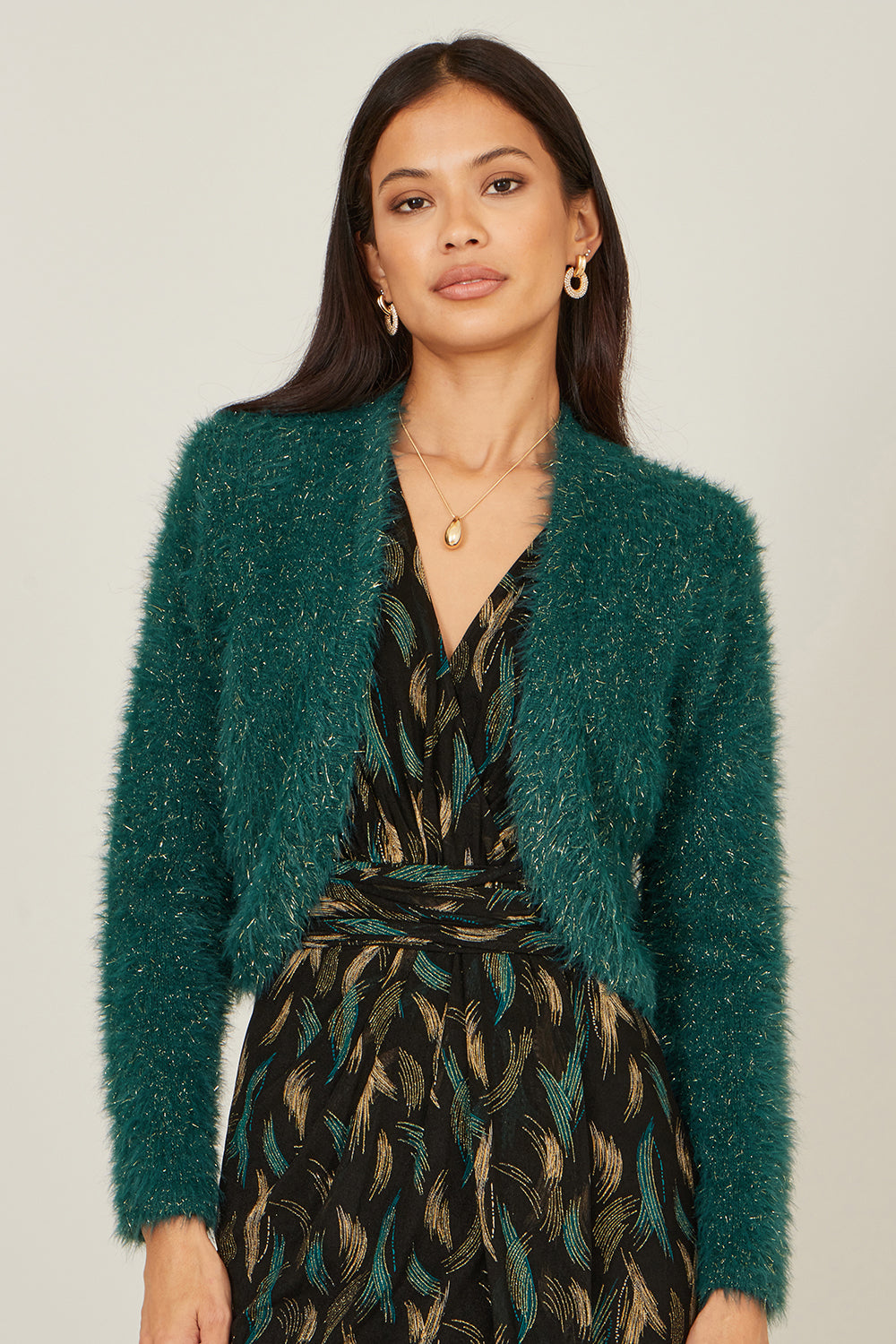 Yumi Green Metallic Fluffy Eyelash Bolero Knit Cardigan Yumi