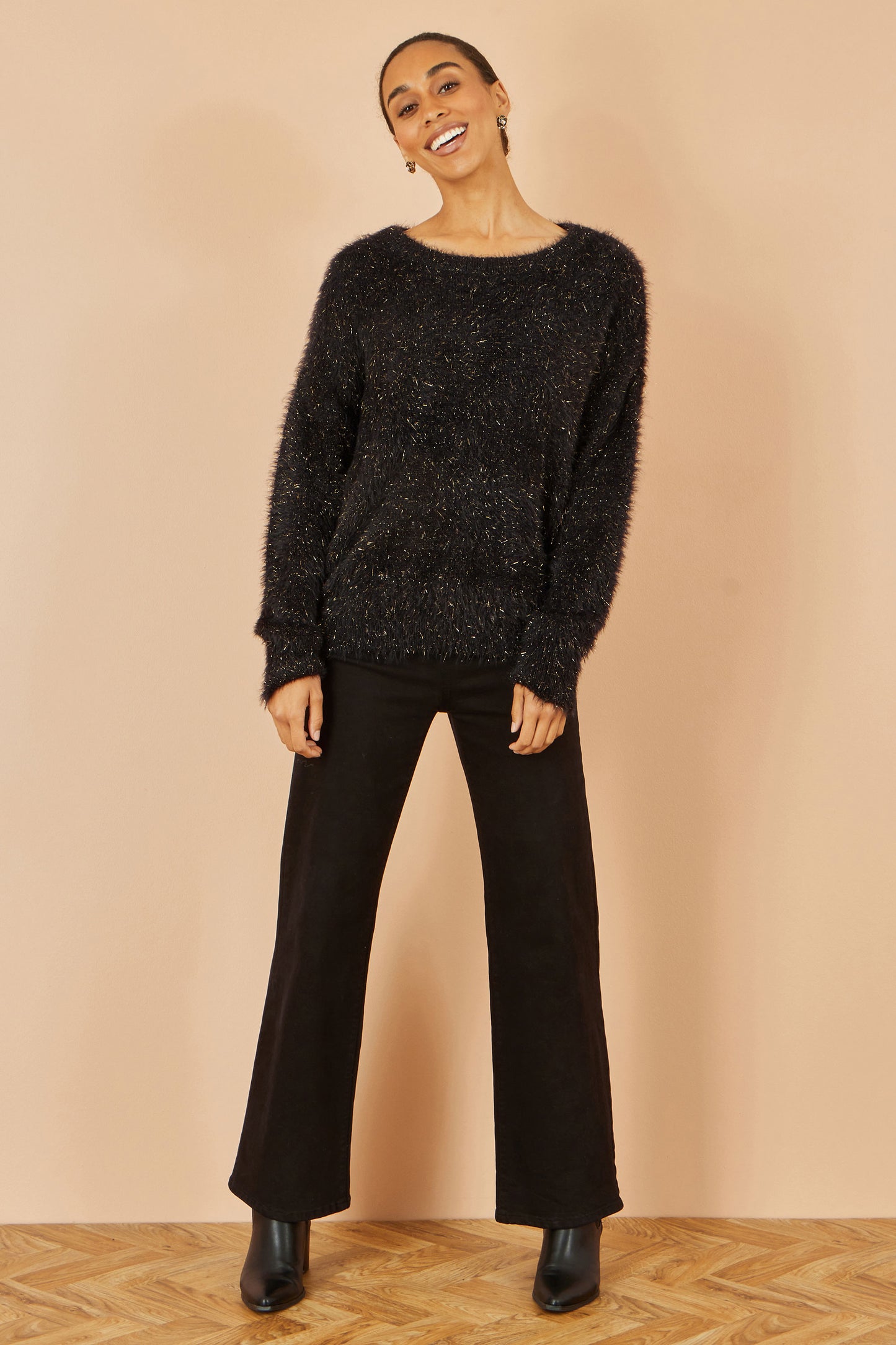 Yumi Black Metallic Fluffy Eyelash Relaxed Jumper Knit Xmas Jumper Yumi
