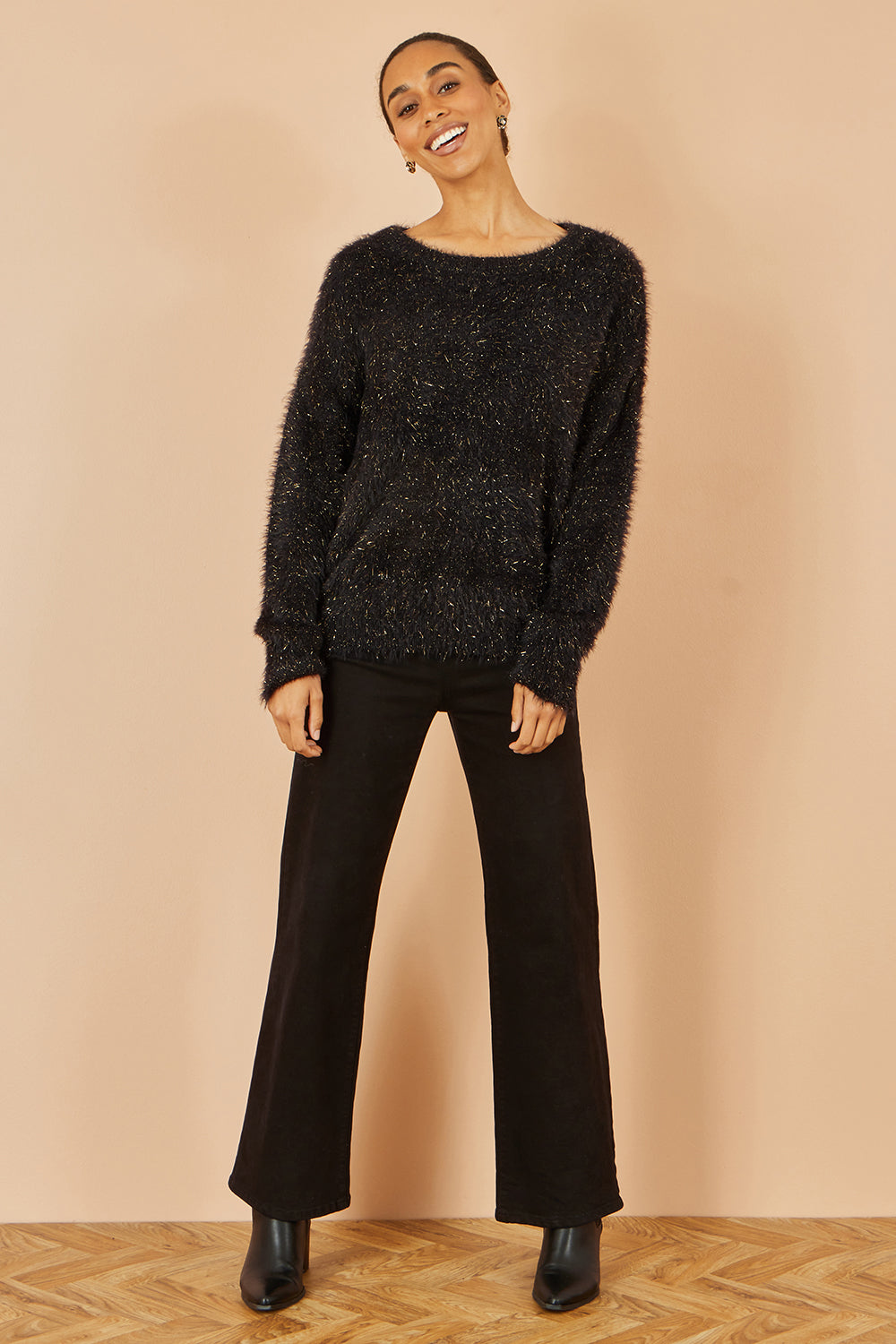 Yumi Black Metallic Fluffy Eyelash Relaxed Jumper Knit Xmas Jumper Yumi