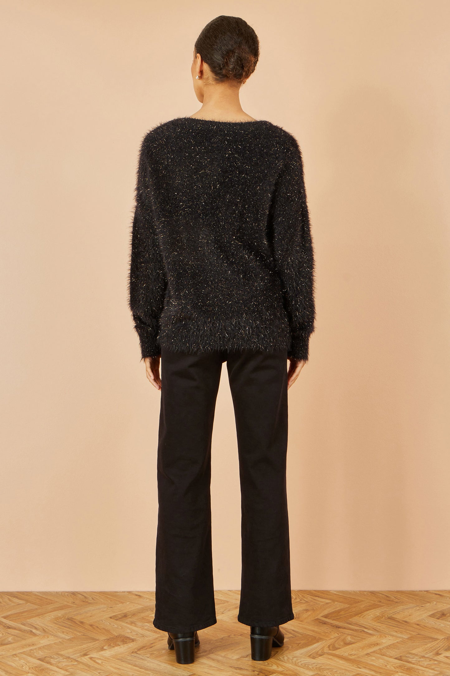 Yumi Black Metallic Fluffy Eyelash Relaxed Jumper Knit Xmas Jumper Yumi