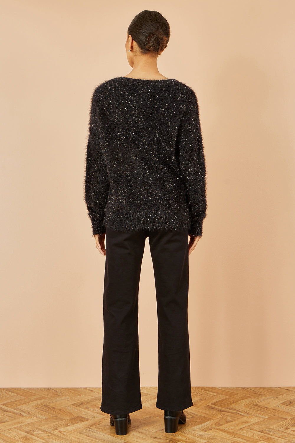 Yumi Black Metallic Fluffy Eyelash Relaxed Jumper Knit Xmas Jumper Yumi