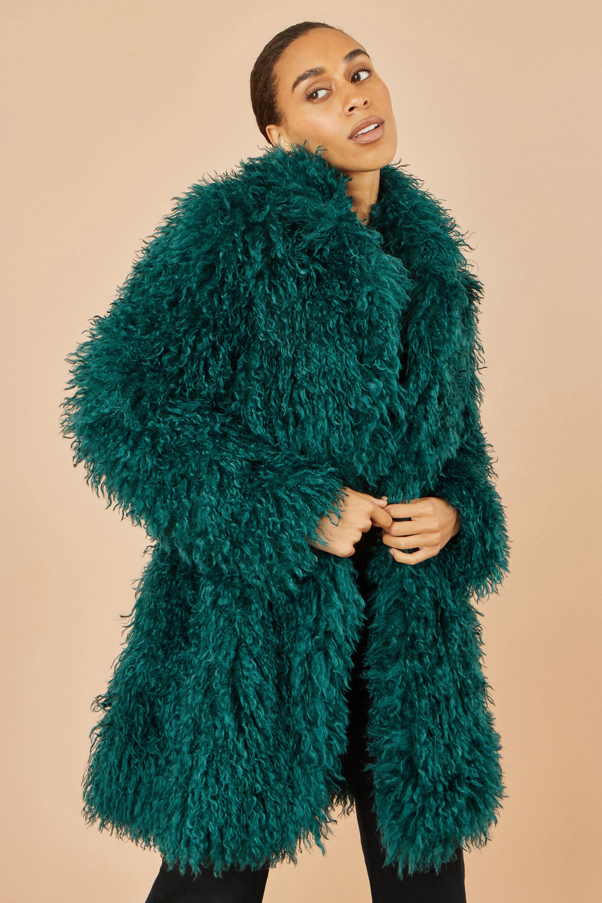 Yumi Teal Luxe Long Hair Fur Coat COAT Yumi