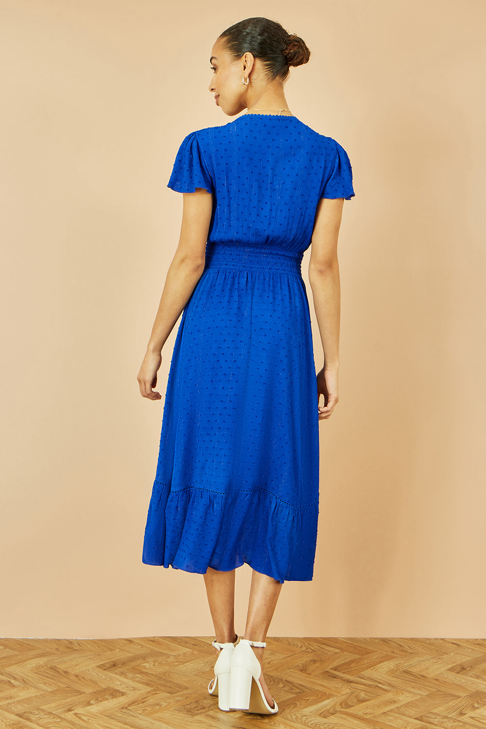 Yumi Blue Button Detail Midi Dress With Ruched Waist And Metallic Thread Dress Casual Yumi