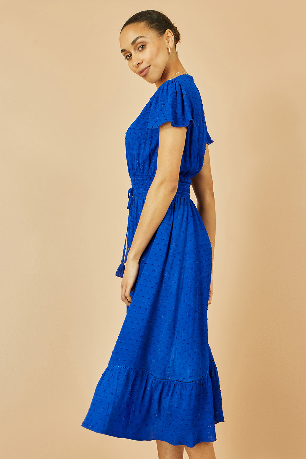 Yumi Blue Button Detail Midi Dress With Ruched Waist And Metallic Thread Dress Casual Yumi