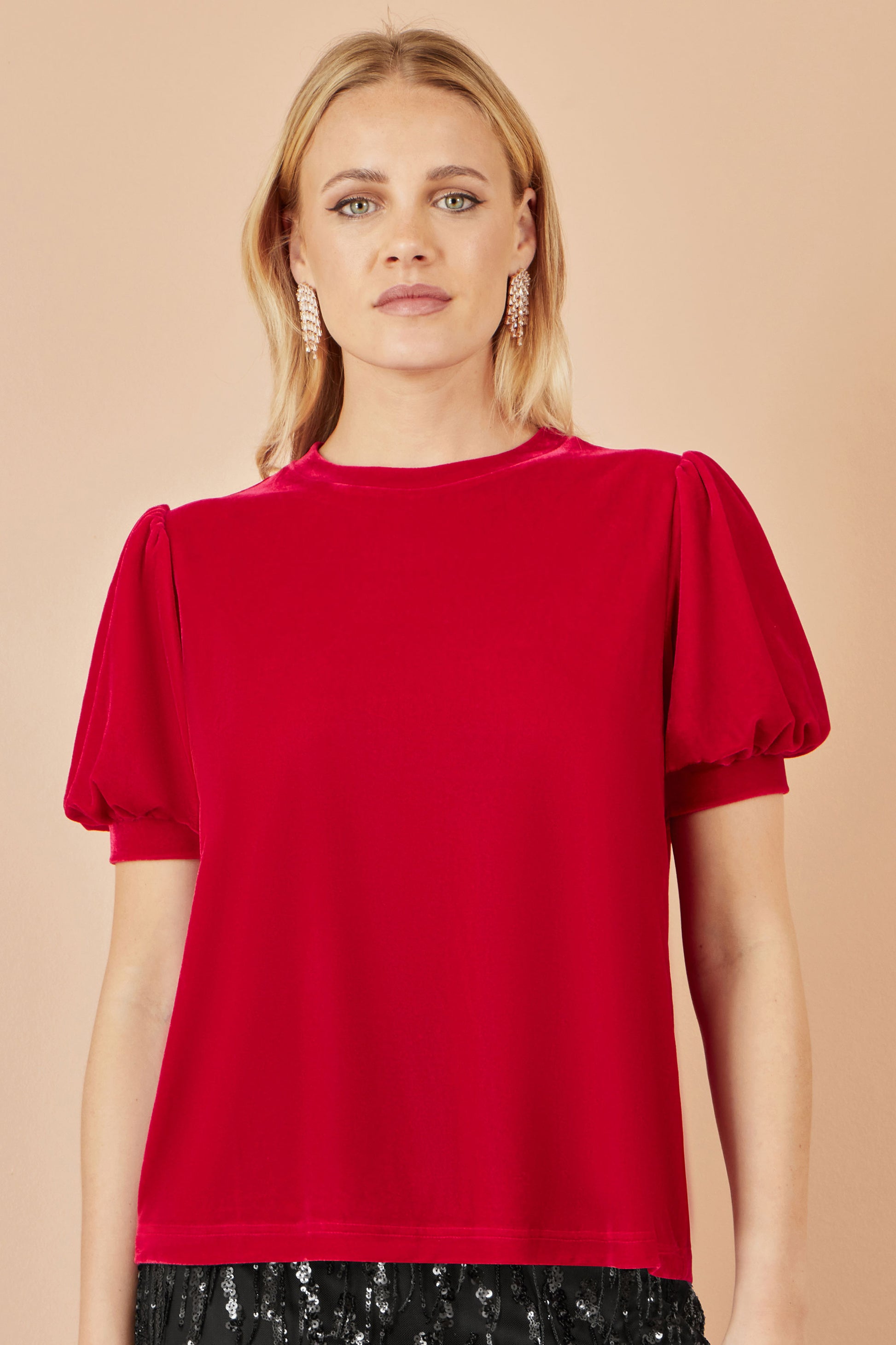 Yumi Red Velvet Puff Sleeve Top Top Yumi