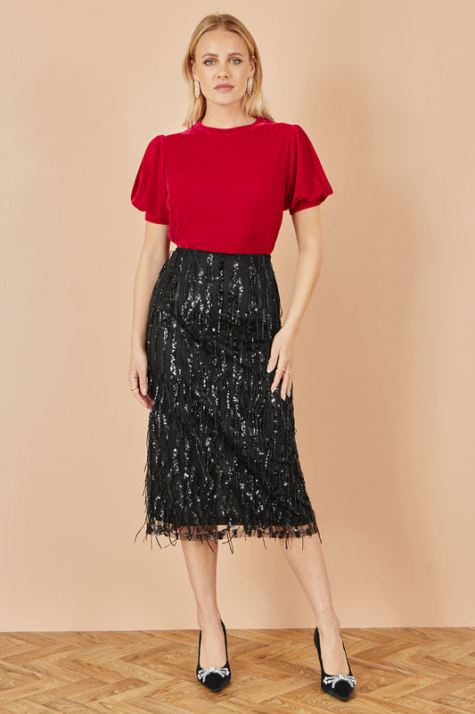 Yumi Red Velvet Puff Sleeve Top Top Yumi