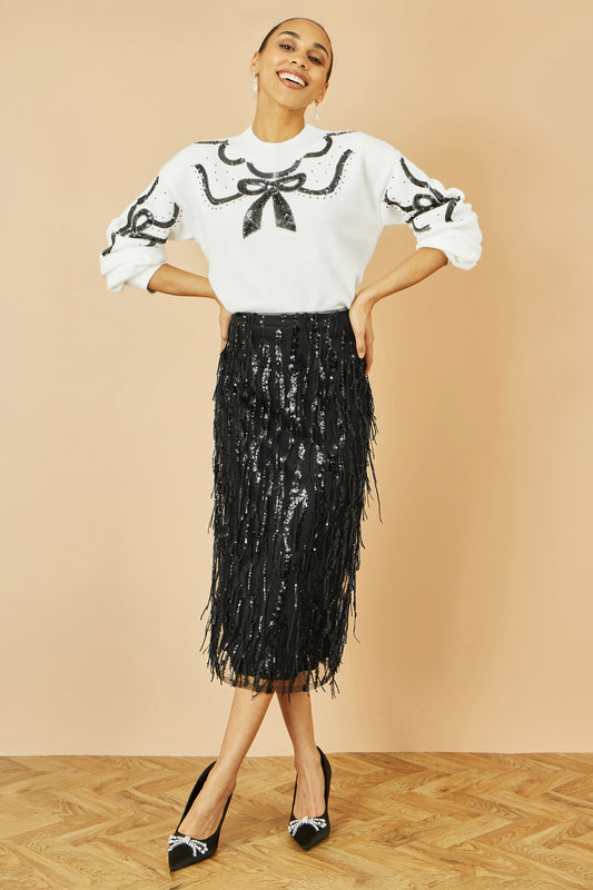 Yumi Black Hanging Sequin Fitted Midi Skirt Skirts Yumi