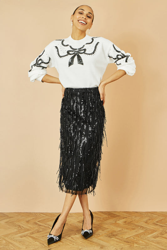 Yumi Black Hanging Sequin Fitted Midi Skirt Skirts Yumi