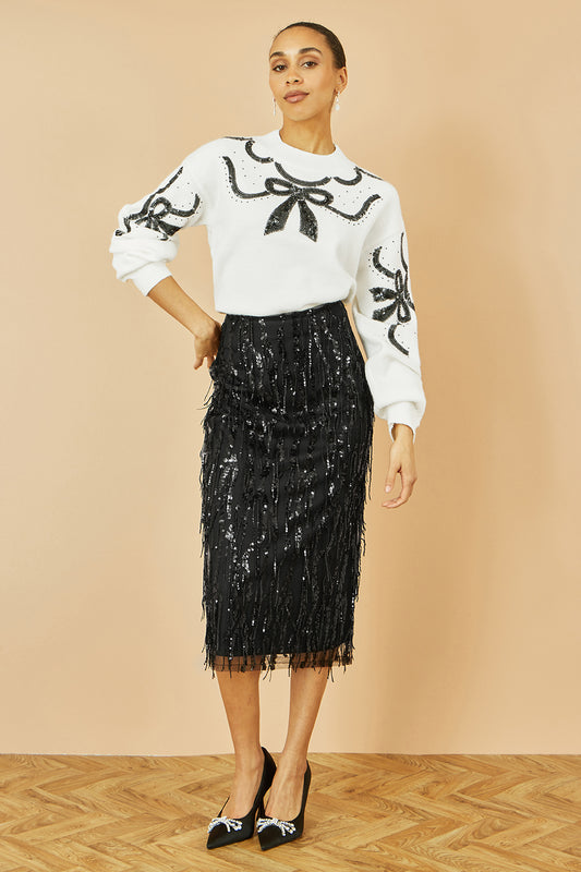 Yumi Black Hanging Sequin Fitted Midi Skirt Skirts Yumi