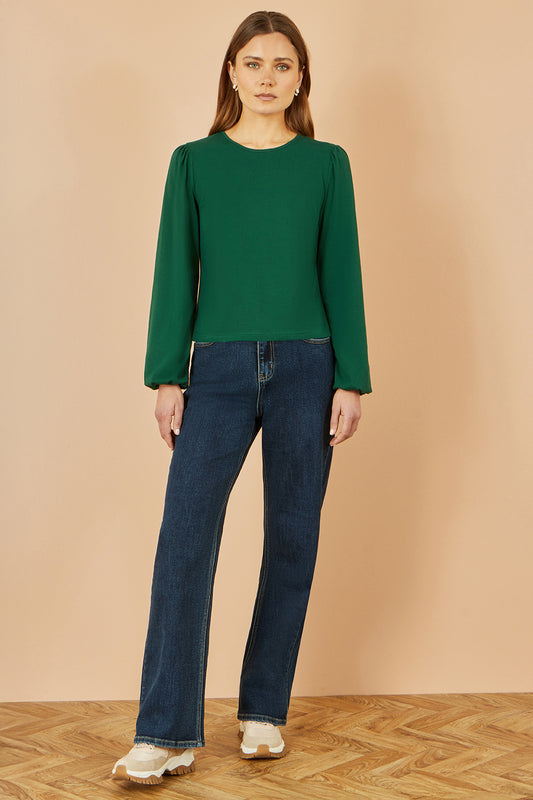 Yumi Green Stretch Cotton Jersey Long Sleeve Top Top Yumi