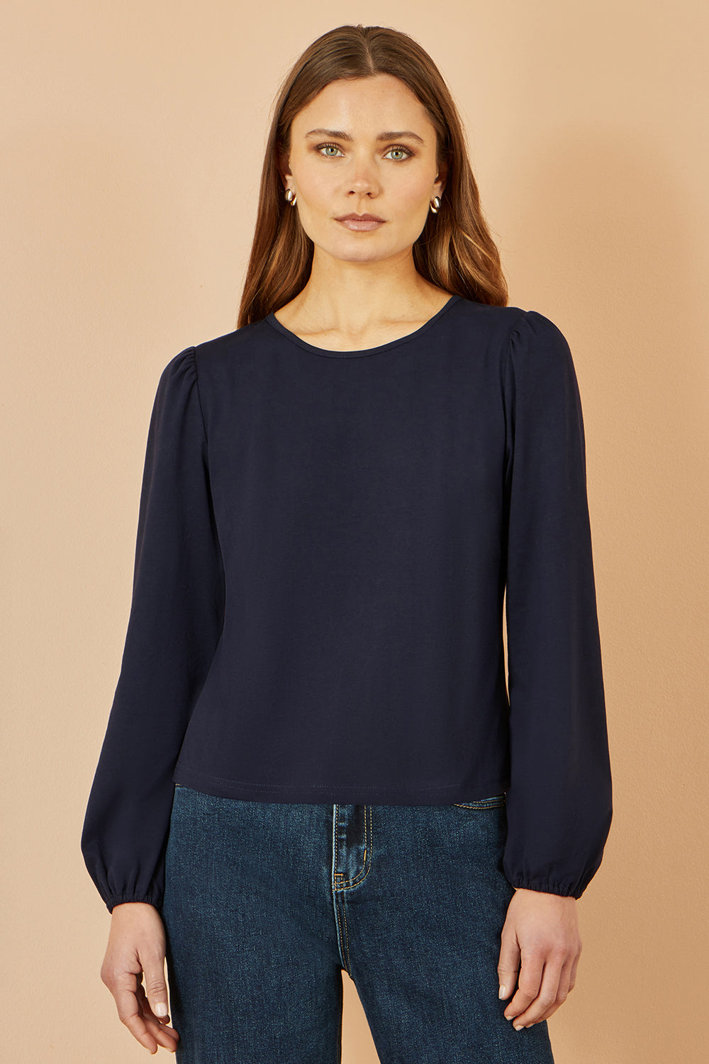 Yumi Navy Stretch Cotton Jersey Long Sleeve Top Top Yumi