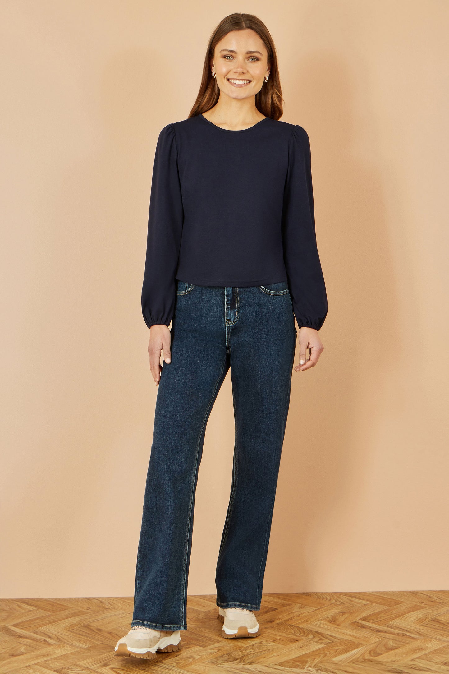Yumi Navy Stretch Cotton Jersey Long Sleeve Top Top Yumi