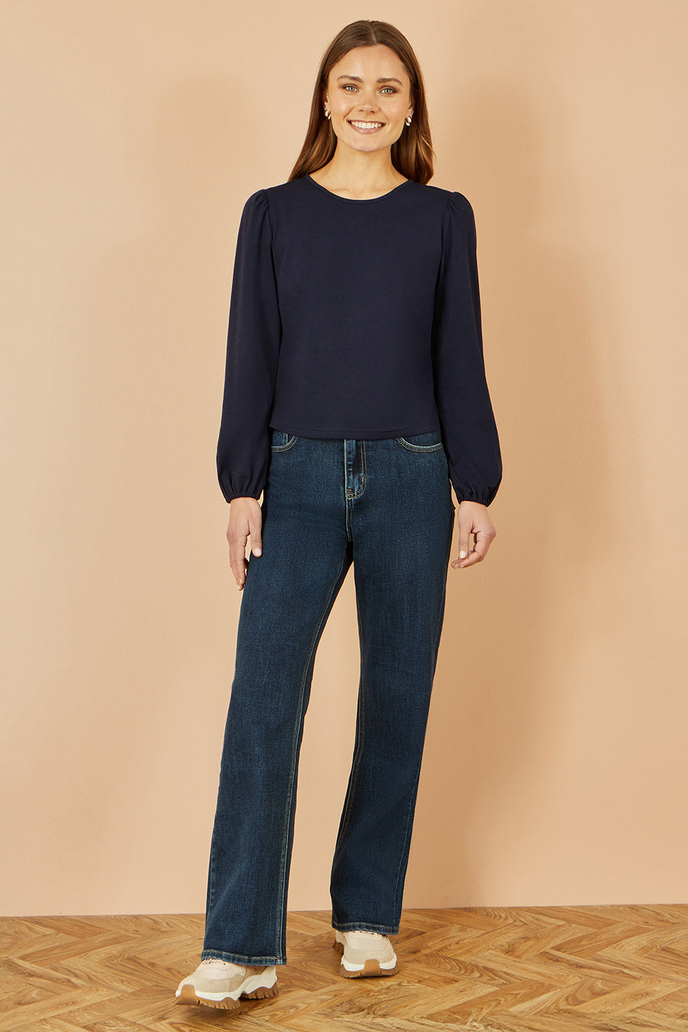 Yumi Navy Stretch Cotton Jersey Long Sleeve Top Top Yumi