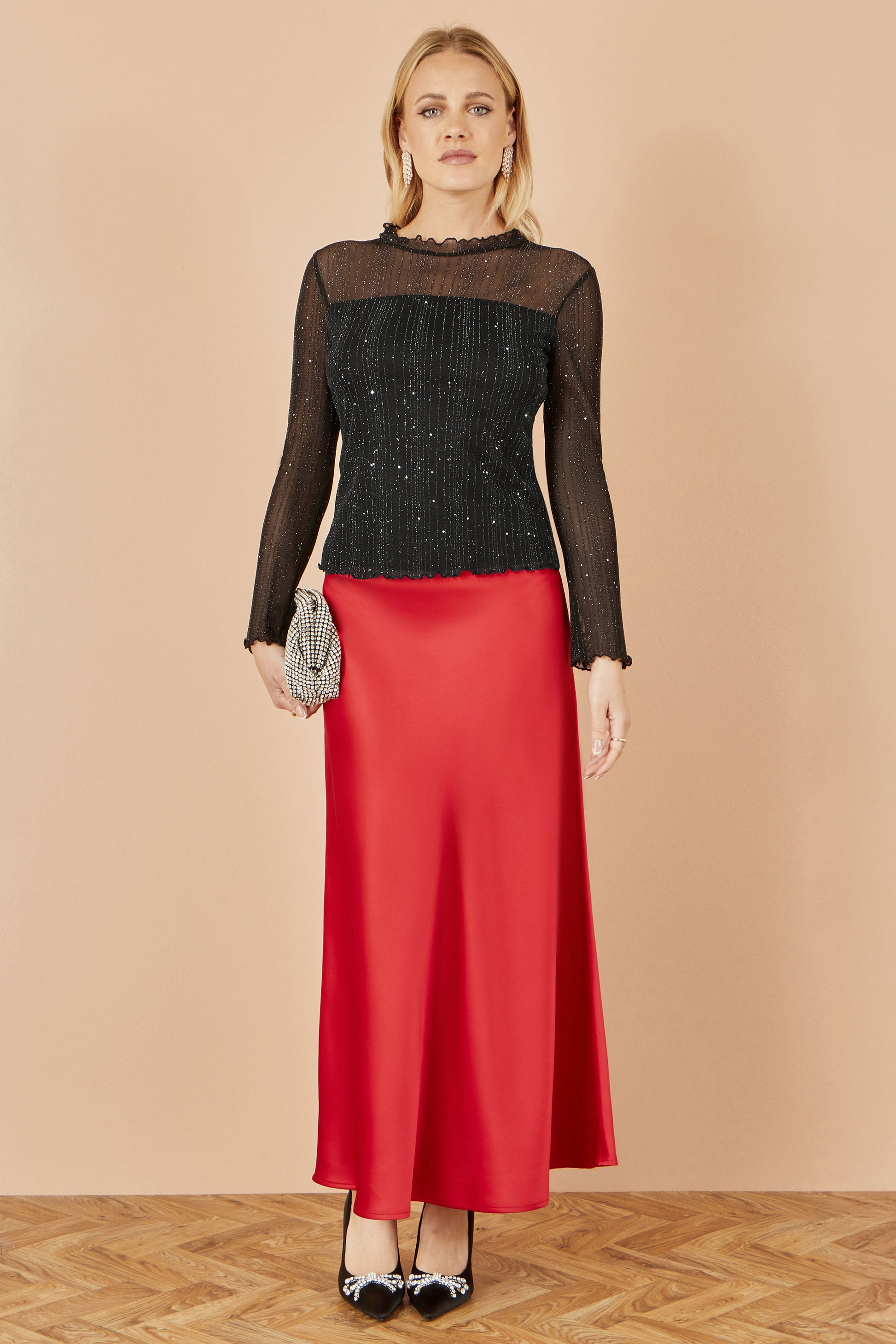 Yumi Black Sparkle Print Mesh Stretch Fitted Top Tops Yumi