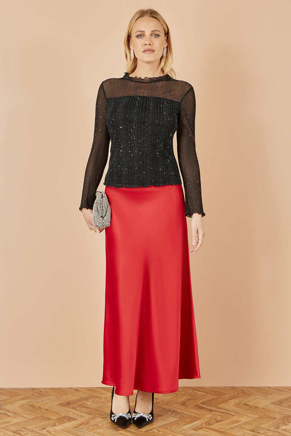 Yumi Black Sparkle Print Mesh Stretch Fitted Top Tops Yumi