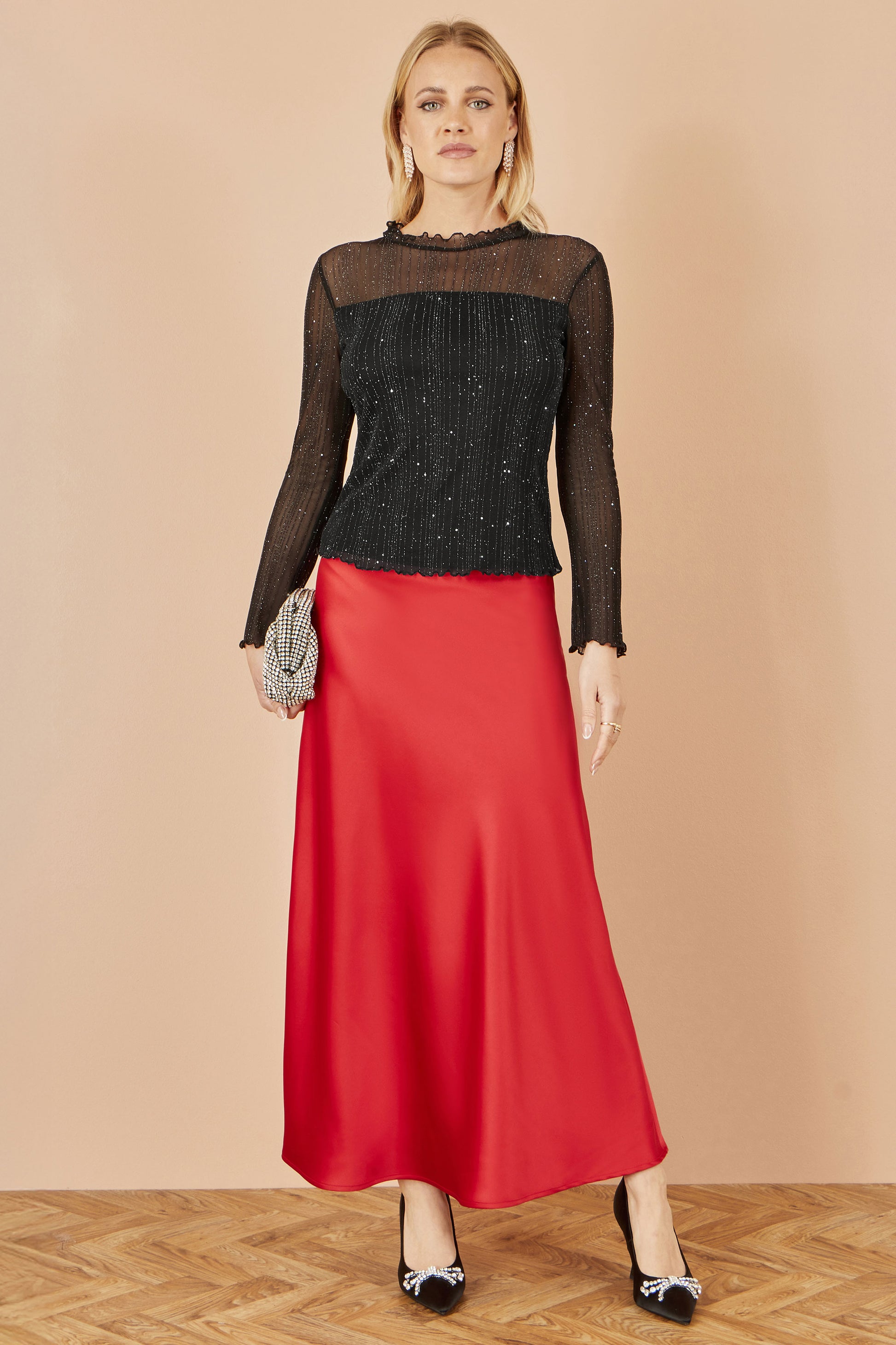 Yumi Black Sparkle Print Mesh Stretch Fitted Top Tops Yumi