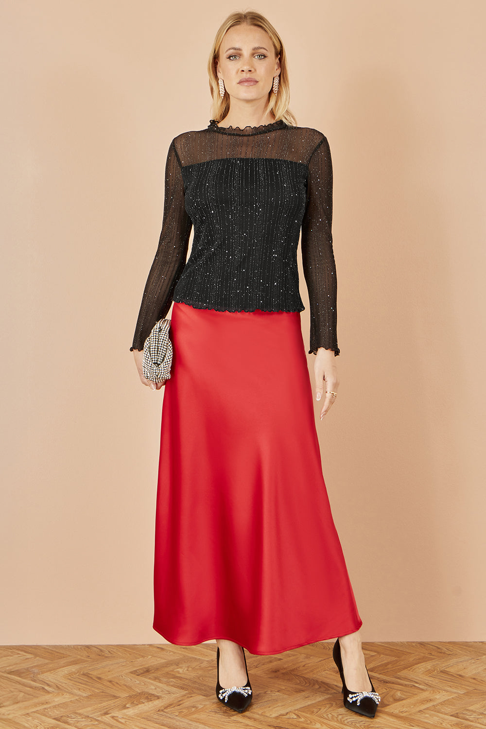 Yumi Black Sparkle Print Mesh Stretch Fitted Top Tops Yumi