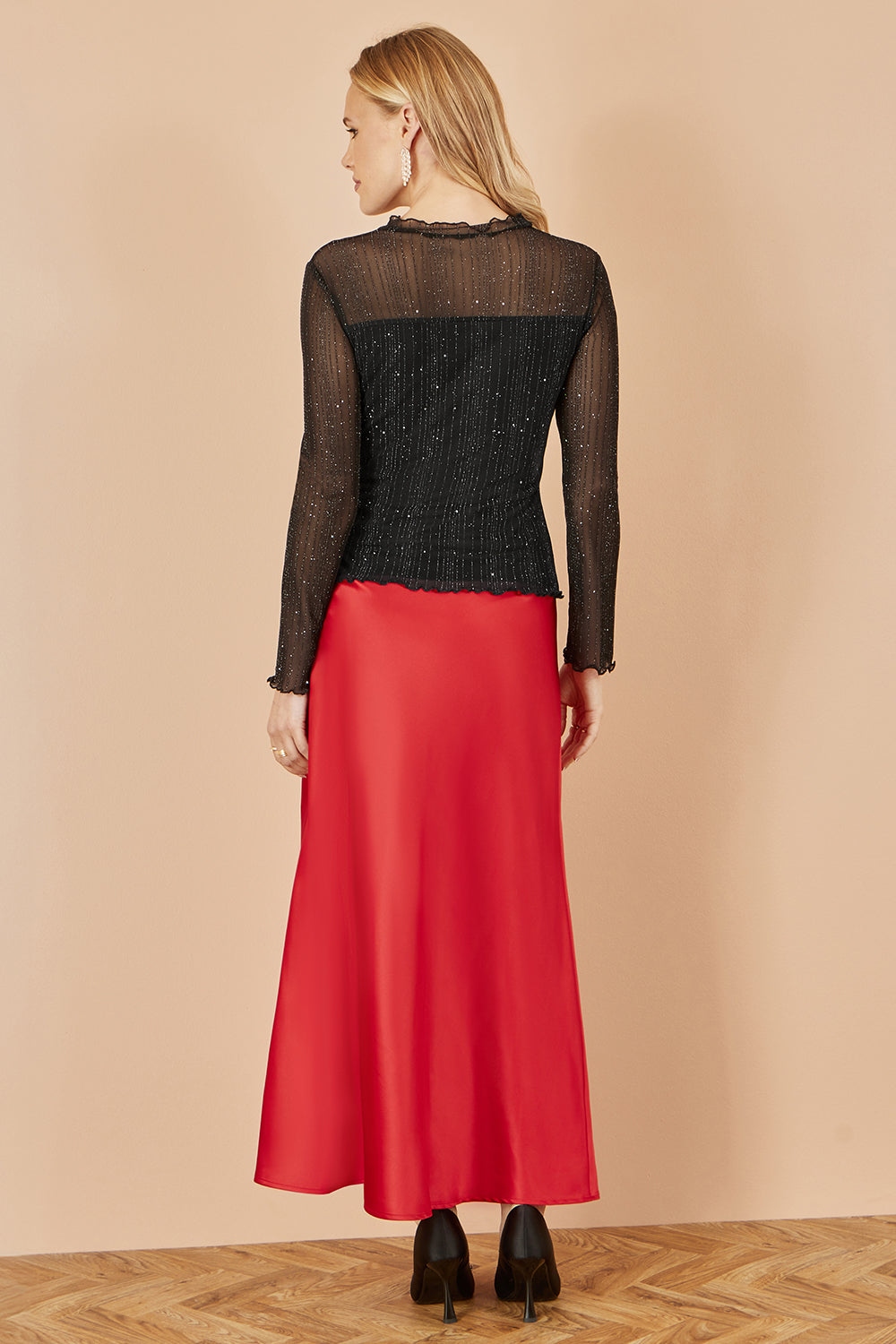 Yumi Black Sparkle Print Mesh Stretch Fitted Top Tops Yumi