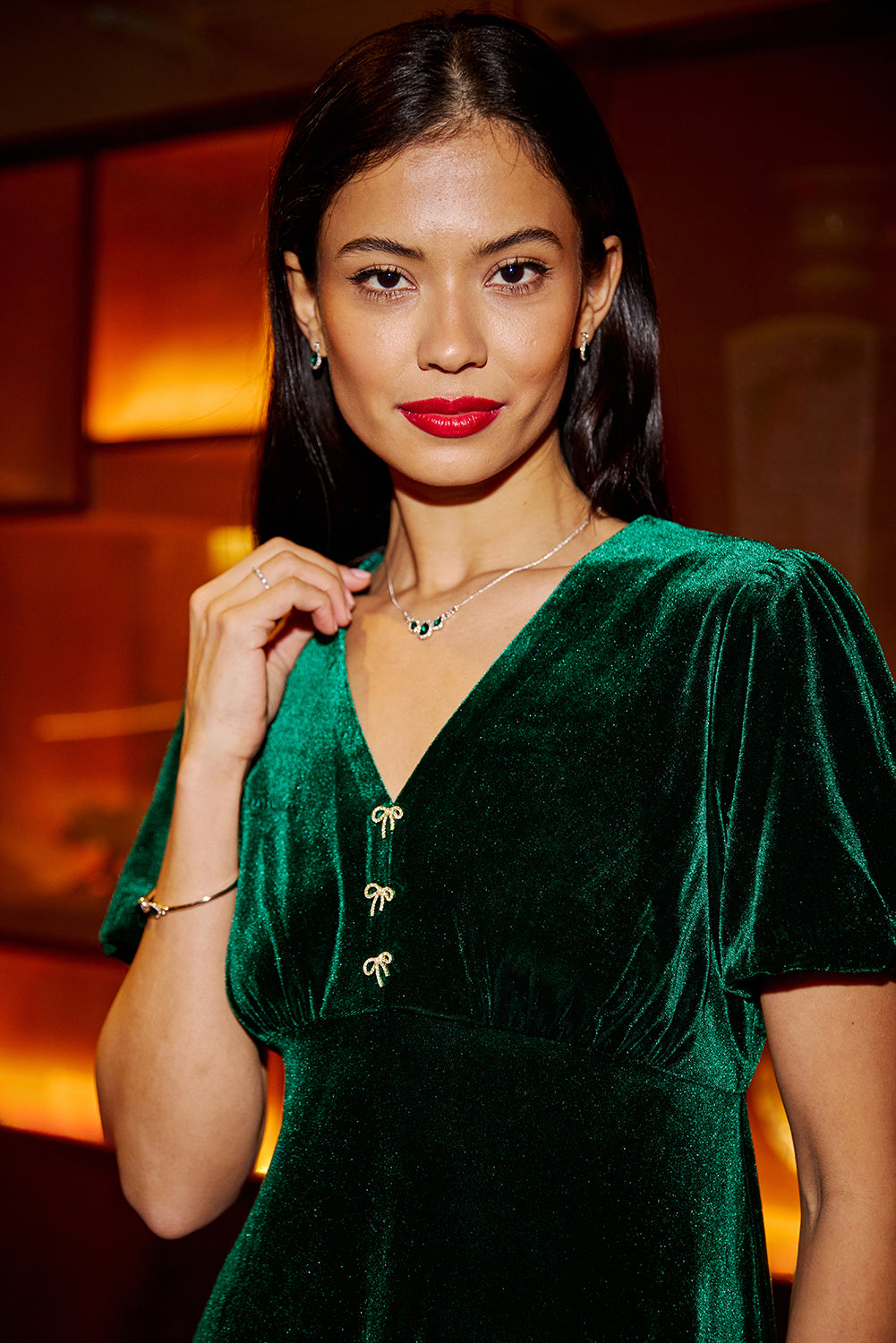 Yumi Green Velvet Skater Dress With Dimante Bow Detail DRES Party Yumi