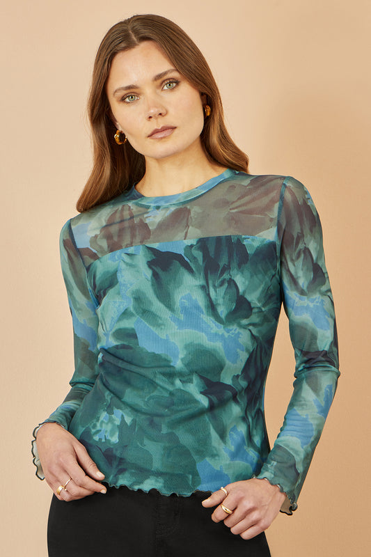 Yumi Green Floral Mesh Top Top Yumi