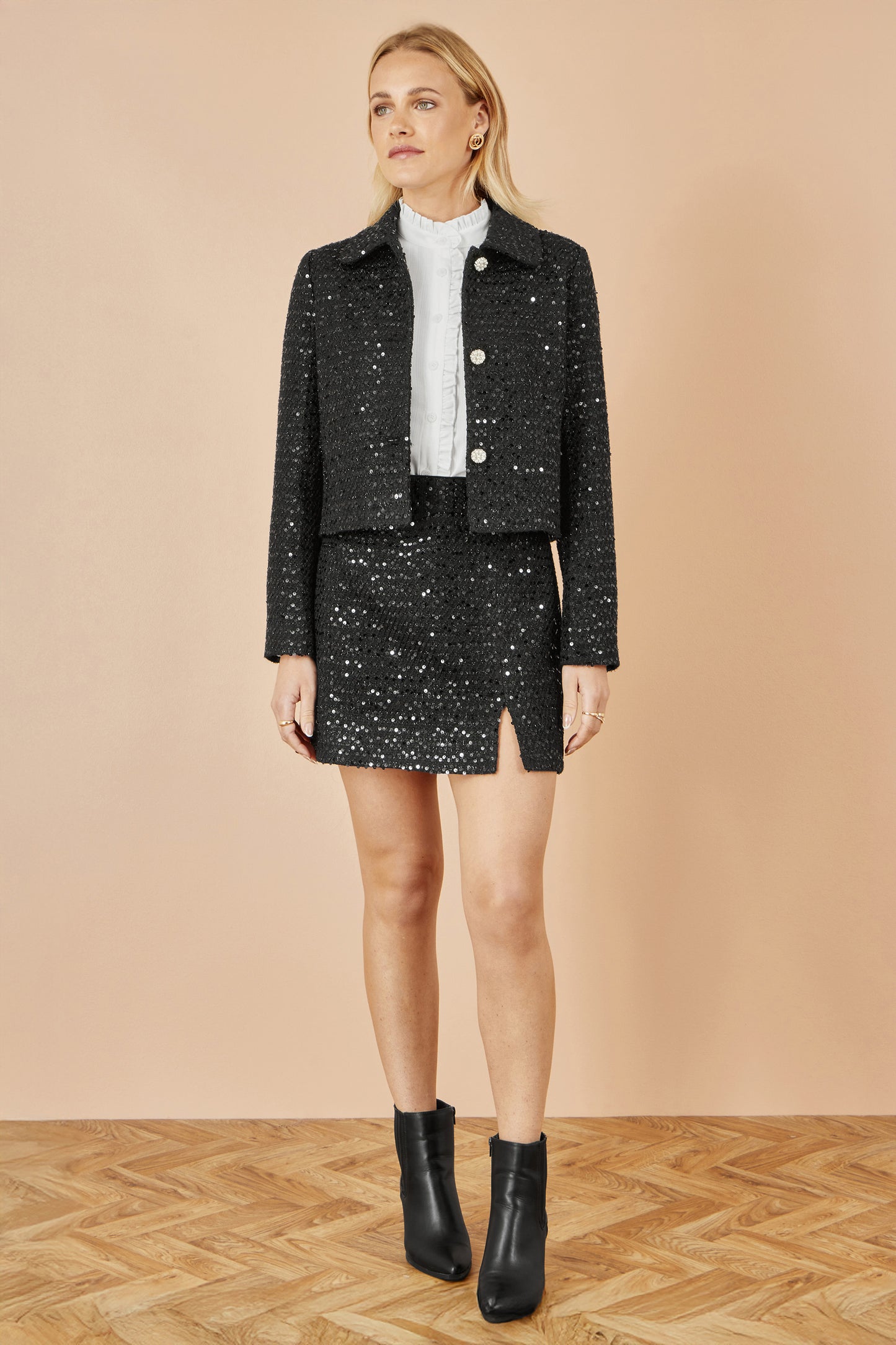 Yumi Black Boucle Sequin Jacket With Pearl Buttons JACKET Yumi