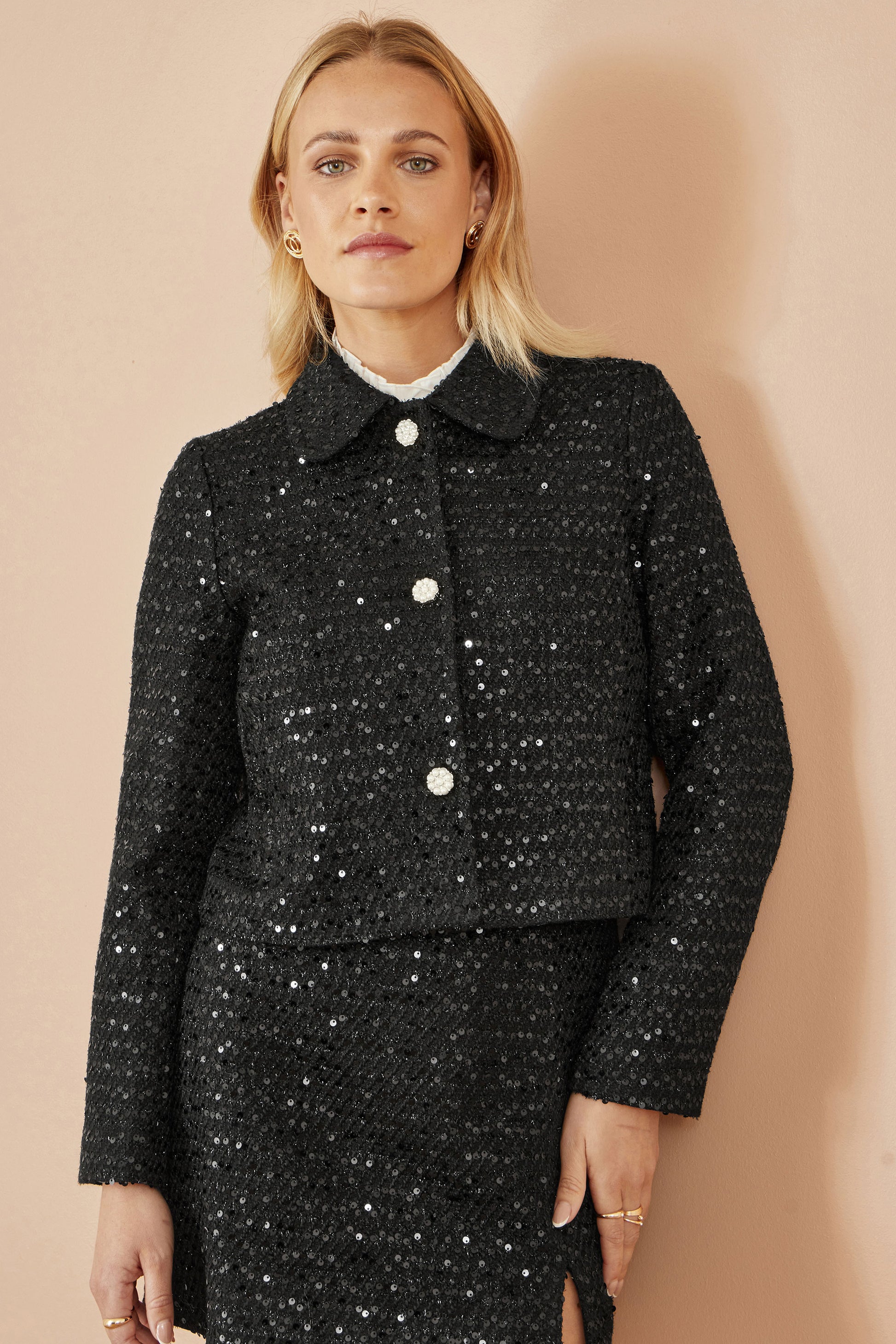 Yumi Black Boucle Sequin Jacket With Pearl Buttons JACKET Yumi