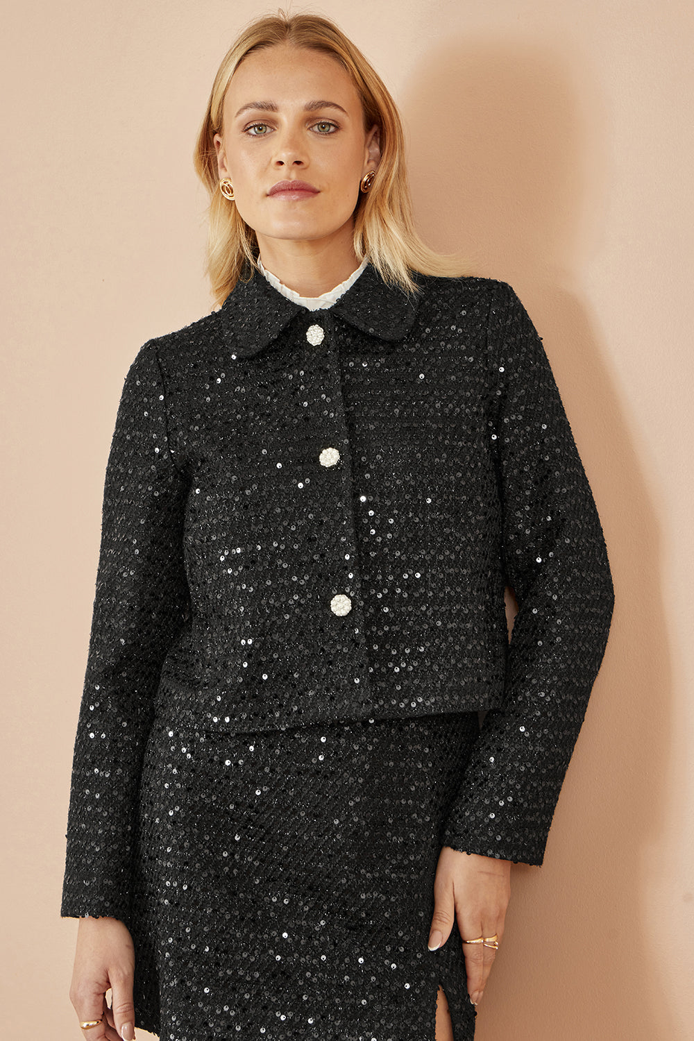 Yumi Black Boucle Sequin Jacket With Pearl Buttons JACKET Yumi